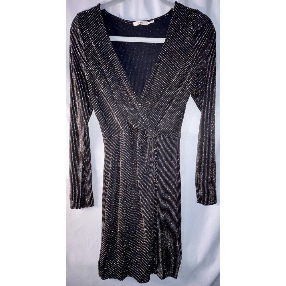 Mi Ami Cocktail Dress Black with Metallic Stripes Twist Front V-Neck Size Medium